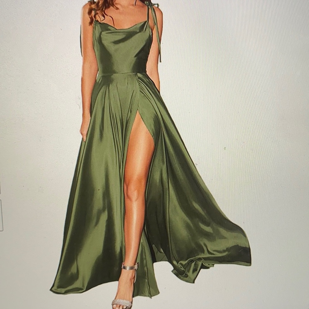 Olive green satin formal dress